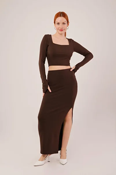 fh fashionhere Square Collar Blouse and Slit Detailed Skirt Double Brown Set