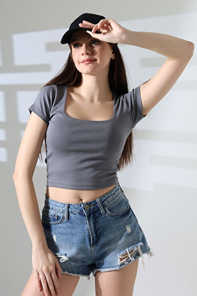 Endies Tricou de damă din țesătură cu nervuri din lycra cu guler pătrat 21804...