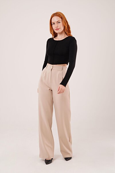 TUA MODA Tua Moda Wide Leg Pleated Beige Trousers