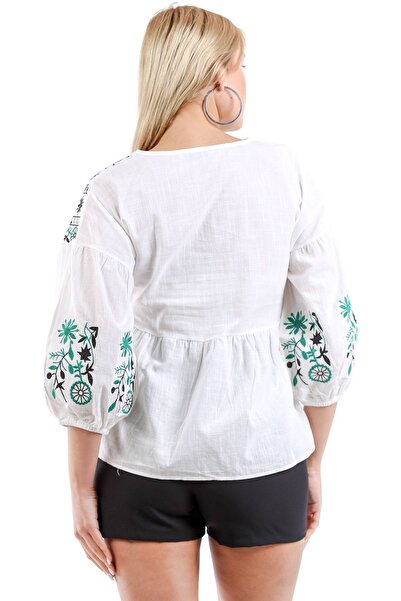 Chiccy Κεντημένη υφαντή μπλούζα με λαιμόκοψη με μπαλόνι