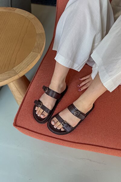 SHOEBELLAS Darrel Acı Kahve Çift Biyeli Kadın Terlik