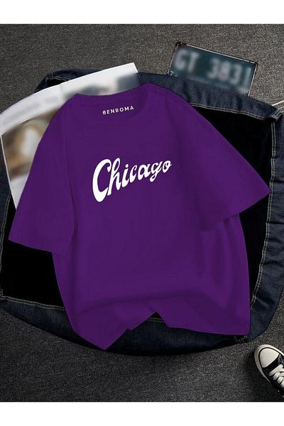 BENROMA 1 προϊόν δώρο για αγορές 6 και άνω Oversize Chicago Printed Unisex Tisort Printed