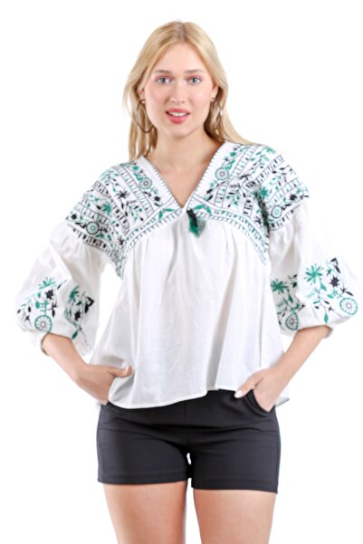 Chiccy Κεντημένη υφαντή μπλούζα με λαιμόκοψη με μπαλόνι