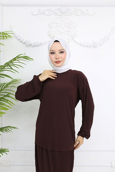 TOKARİS TEKSTİL Summer Sandy Pleated Skirt Hijab Top and Bottom Set