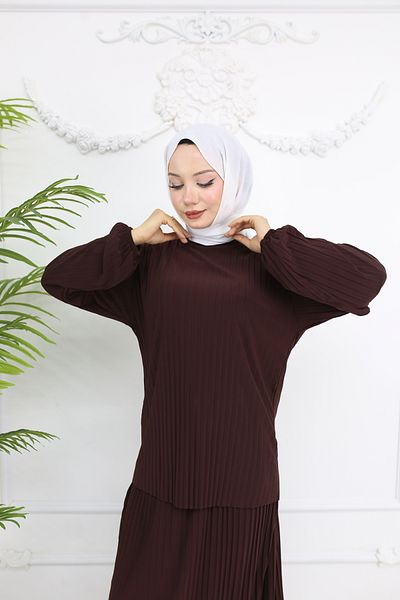 TOKARİS TEKSTİL Summer Sandy Pleated Skirt Hijab Top and Bottom Set