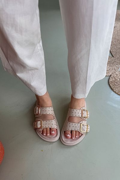 SHOEBELLAS Papuci de damă Gale Beige cu cataramă dublă