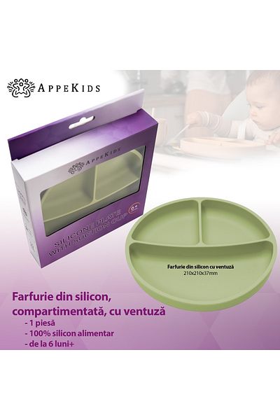 APPEKIDS Farfurie Compartimentata Din Silicon Cu Ventuza, - Raw Green
