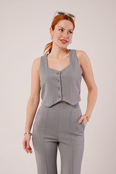 Selma Butik    Thick Strap Buttoned Vest and Trousers Gray Set