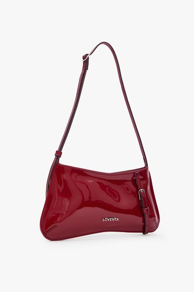 LOVENTA Eleanor - Geantă de umăr din piele lacuită ediție Cherry, cu detaliu curea, roșu cireș