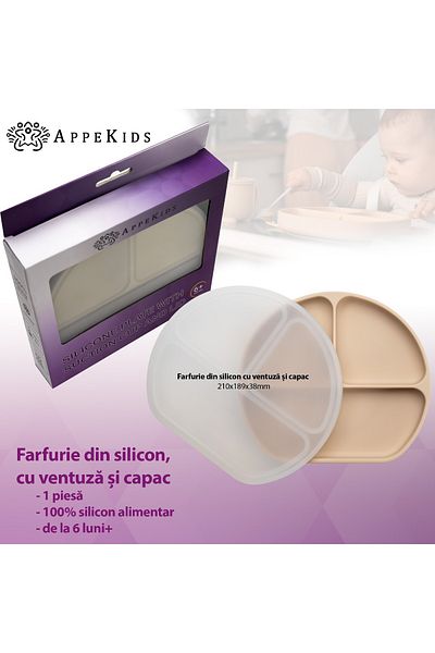 APPEKIDS Farfurie Compartimentata Din Silicon Cu Ventuza Si Capac, - Bubble Beige