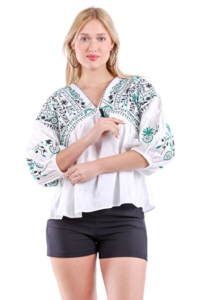 Chiccy Κεντημένη υφαντή μπλούζα με λαιμόκοψη με μπαλόνι