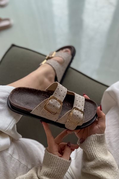 SHOEBELLAS Papuci de damă Gale Bej din piele intoarsa cu catarama dubla