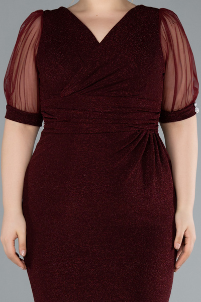 Efelif Burgundy Short Sleeve Midi Glitter Plus Size Evening Dress Abk39962