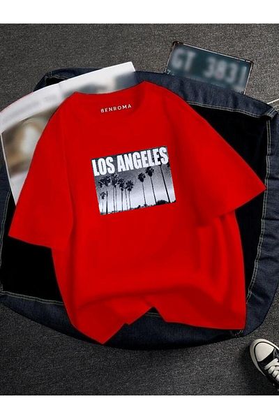 BENROMA 1 προϊόν δώρο για αγορές 6 και άνω Oversize Los Angeles Printed Unisex Tisort Printed