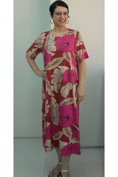 Mertcan Butik Pink Tile Flower Print Short-Sleeve Combed Viscose Dress