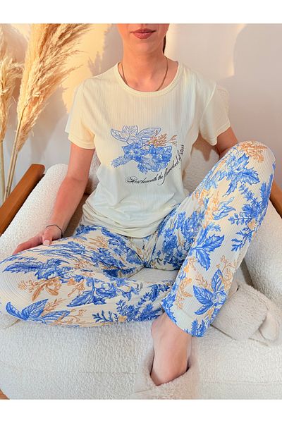 Pijamacs Set de pijamale cu mâneci Pegasus scurte cu decolteu cu flori albastre