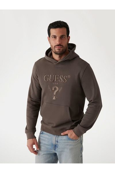 Guess Jeans Ανδρικό καφέ φούτερ με κεντημένο λογότυπο και κουκούλα τζιν Guess