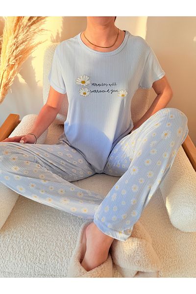 Pijamacs Set de pijamale cu mâneci Pegasus scurte cu decolteu cu model de margarete albastre