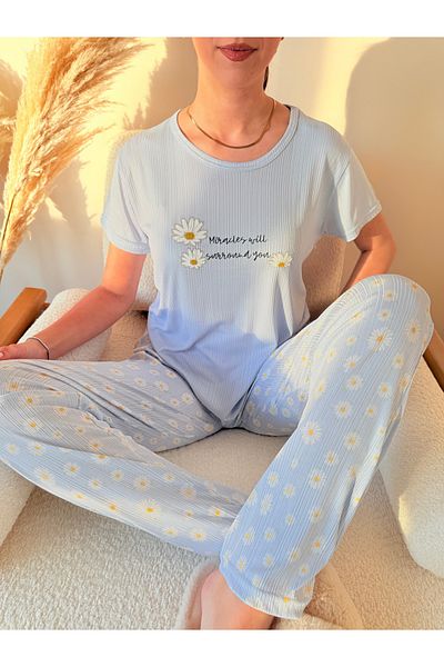 Pijamacs Set de pijamale cu mâneci Pegasus scurte cu decolteu cu model de margarete albastre
