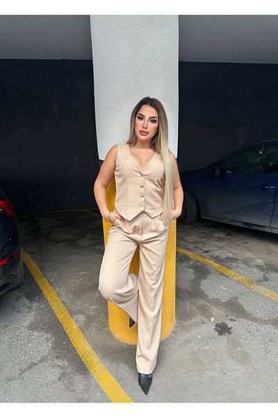Butik Beyza Butterfly Button Detailed Lined Vest and Trousers Double Set