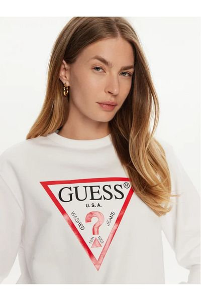 Guess Jeans Hanorac alb de damă cu logo triunghi mare Blugi Guess