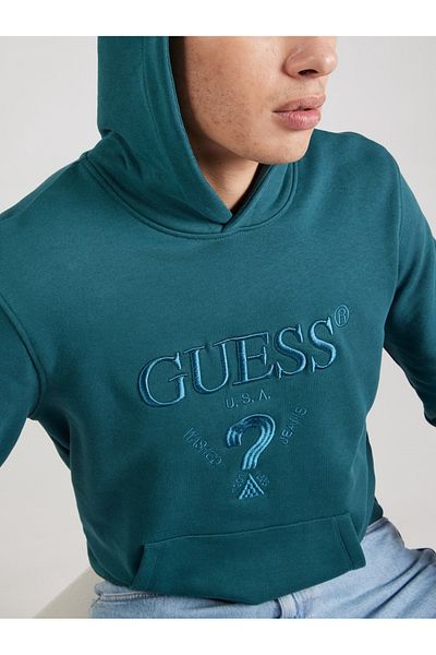 Guess Jeans Hanorac petrol pentru bărbați cu logo brodat și glugă Blugi Guess