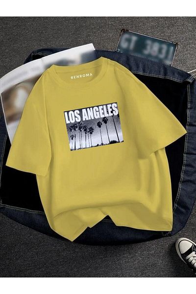 BENROMA 1 προϊόν δώρο για αγορές 6 και άνω Oversize Los Angeles Printed Unisex Tisort Printed