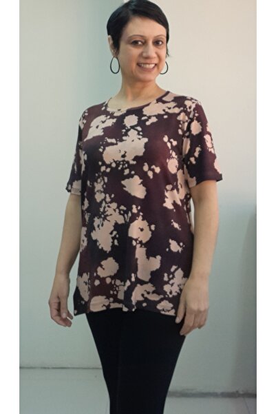 Mertcan Butik Black Brown Tie-Dye Pattern Short-Sleeved Viscose T-Shirt