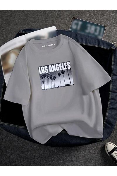 BENROMA 1 προϊόν δώρο για αγορές 6 και άνω Oversize Los Angeles Printed Unisex Tisort Printed