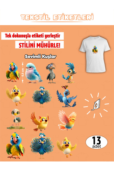 AGG Reklam Ütü ile Yapışan Kıyafet Etiketi Kuşlar 13lü Set