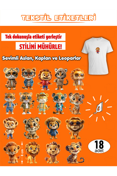 AGG Reklam Ütü ile Yapışan Kıyafet Etiketi Aslan Kaplan Leoparlar 18li Set