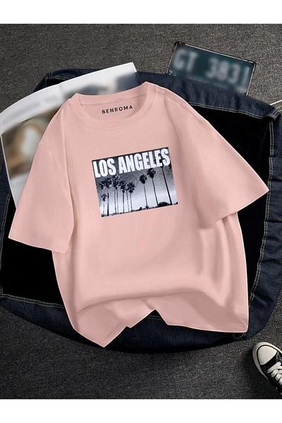BENROMA 1 προϊόν δώρο για αγορές 6 και άνω Oversize Los Angeles Printed Unisex Tisort Printed