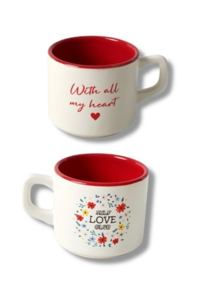 Keramika Stackable Çay Fincanı 8cm Beyaz içi Kırmızı 2 Adet