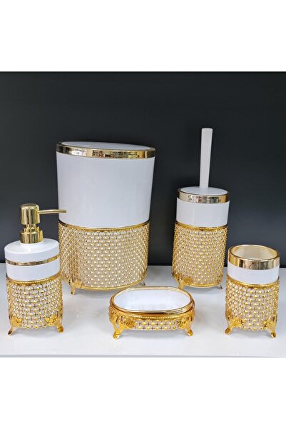 GuvenliPazar 5 Parça Yuvarlak Akrilik Ferforje Kafes Banyo Seti Beyaz Gold Ka...