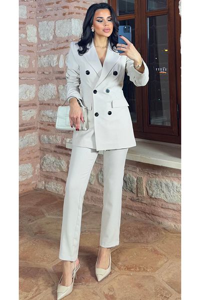 pembekurdelem Women's Classic Long Jacket and Pants Suit Stone