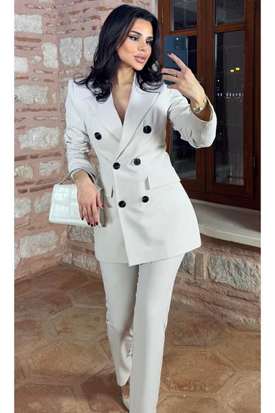 pembekurdelem Women's Classic Long Jacket and Pants Suit Stone