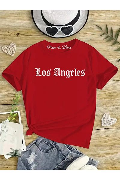 New Shine In Cart 6 and Above Purchases Get 1 T-Shirt Gift - Los Angeles Text Printed Oversize T-Shirt