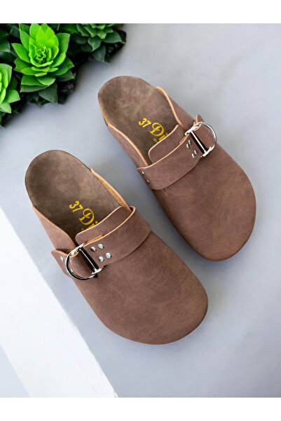 Dilesa Tan Suede Staple Detailed Anatomical Cork Sole Daily Comfortable Women's Slippers