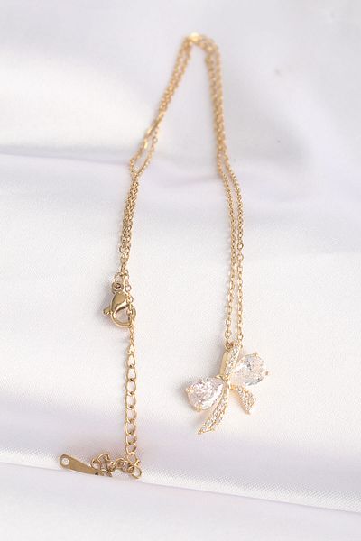 Skygo 316L Steel Zircon Stone Gold Bow Necklace - Tj-Bko8597