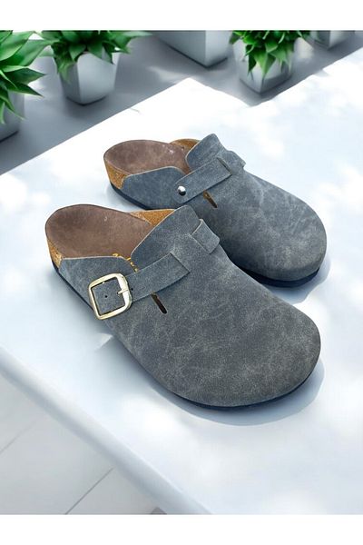 Dilesa Gray Women's Suede Comfortable Anatomical Sole Gold Buckle Indoor and Outdoor Slippers
