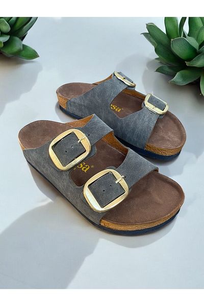 Dilesa Women's Gray Slippers with Orthopedic Sole - Double Banded Buckle Detailed, Comfortable Home & Outdoor Use