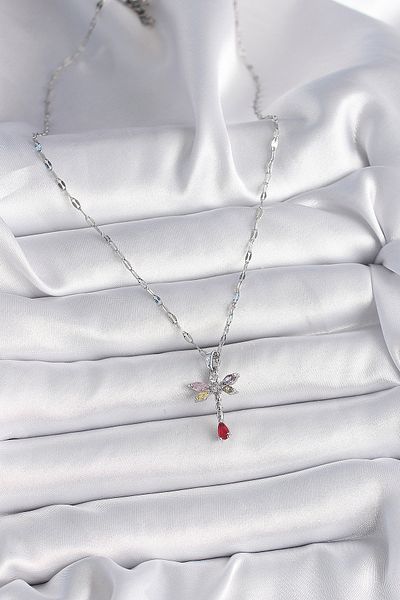 Skygo Silver Color 316L Steel Chain Handle Colorful Zircon Stone Dragonfly Model Women's Necklace