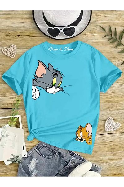 New Shine 1 tricou este un cadou pentru achiziții de 6 și mai sus în coș - Tricou supradimensionat pentru copii cu imprimeu Tom și Jerry Corner