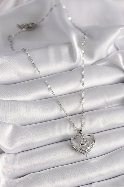 Skygo Silver Color 316L Steel Chain Zircon Stone Heart Mom Above Women's Necklace