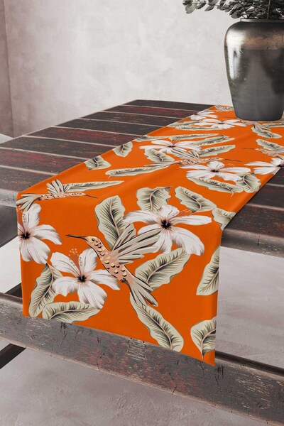 Artvibe Turuncu Zemin Hibiskus ve Kuş Desenli Dijital Baskılı Hediyelik Kadif...