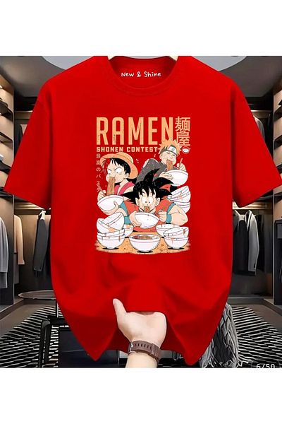 New Shine In Cart 6 and Above Purchases Get 1 T-Shirt as a Gift - Three Anime Eating Ramen Printed Oversize T-Shirt