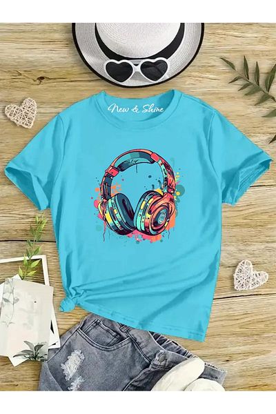 New Shine 1 tricou este un cadou pentru achiziții de 6 și mai sus în coș - Tricou supradimensionat pentru copii cu căști colorate imprimate