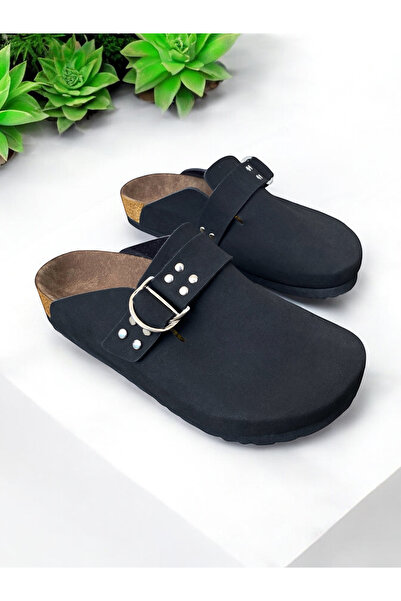 Dilesa Siyah Süet Zımba Detaylı Anatomik Mantar Taban Günlük Rahat Kadın Terlik