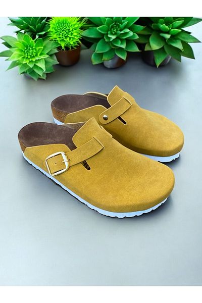 Dilesa Mustard Women's Suede Comfortable Anatomical Sole Gold Buckle Indoor and Outdoor Slippers