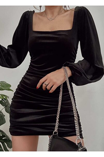 GüneşIşığı Balon Kol Arkası Büzgülü Siyah Elbise-Balo-Davet-Düğün-Mezuniyet